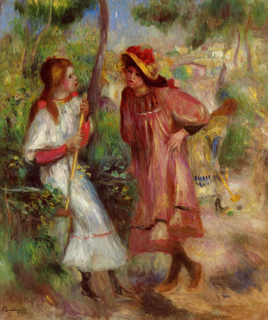 Two Girls in the Garden at Montmartre - Pierre-Auguste Renoir painting on canvas